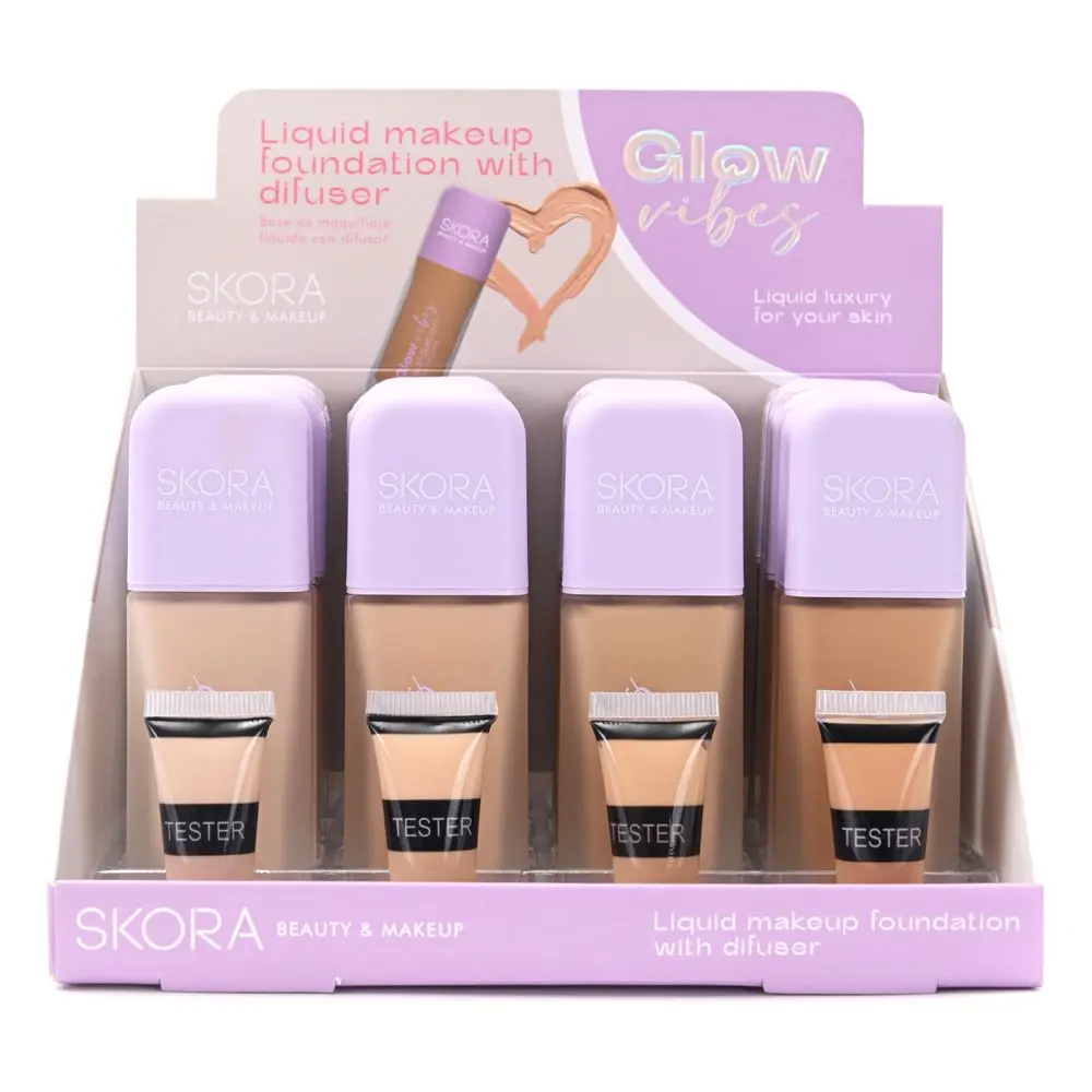 [50912] BASE DE MAQUILLAJE FLUIDA ENVASE DE VIDRIO CON DIFUSOR X12U (UNIDAD) SKORA