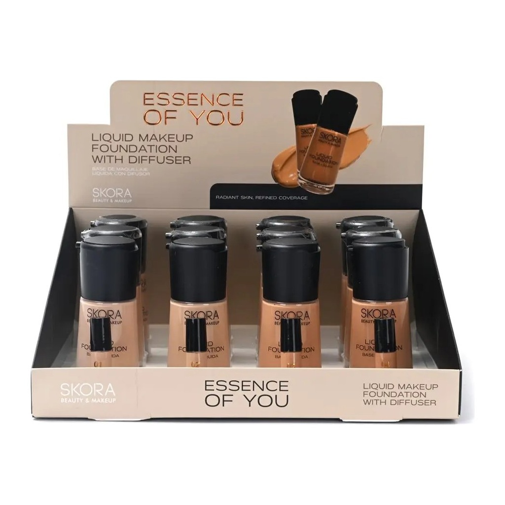 [50910] BASE DE MAQUILLAJE FLUIDA ENVASE DE VIDRIO CON DIFUSOR X12U (UNIDAD) SKORA