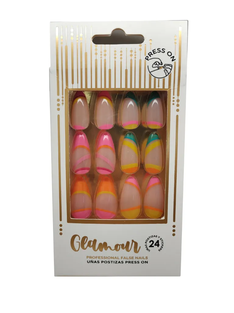 UÑAS POSTIZAS GLAMOUR ARCO IRIS (24 UND - CAJA)