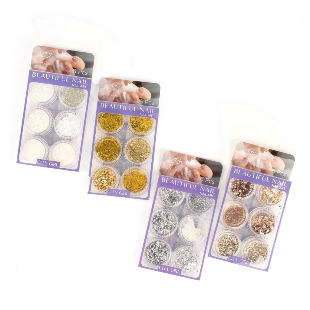 POLVOS DECORATIVOS PARA UÑAS VARIOS TONOS (12 UND - CAJA)